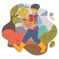 Vector illustration of a happy guy in a hat and rubber boots carrying a wooden box with ripe apples from the garden