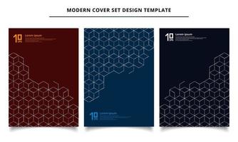 conjunto de plantilla de diseño de portada moderna patrón de borde de hexágonos plateados sobre fondo oscuro.