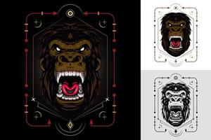 vector gorilla, Illustration ferocious the gorilla head with sacred geometry, angry gorilla face on black background