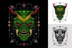 Oni devil face illustration. Head of demon. Japanese demon mask.