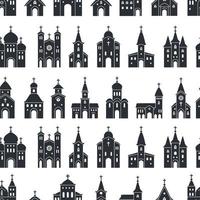 Church black icon background. Flat seamless pattern of church vector icons