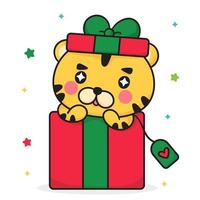 Tiger cartoon wear cute Santa hat Christmas gift vector