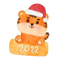 tiger watercolor wear cute Santa hat with Christmas label 2022