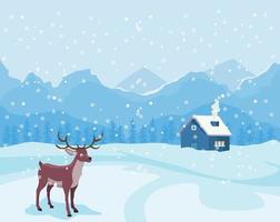paisaje navideño en invierno con casa y un reno vector