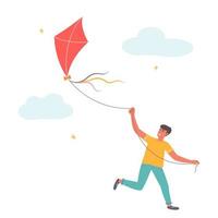 Guy runs with kite, vector illustration in flat style