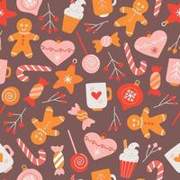 Christmas gingerbread, cupcakes, candy and Christmas toys, berries, vector seamless pattern in flat style