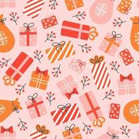 Christmas gift boxes with berries on pink background, vector seamless pattern in flat style