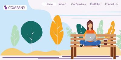 Template for freelance, remote studying, remote work page. Woman working in the park vector