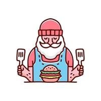 Cool bearded old man with beanie ready to eat burger illustration. Vector graphics for t-shirt prints and other uses.