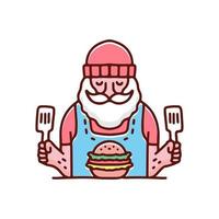 Cool bearded old man with beanie ready to eat burger illustration. Vector graphics for t-shirt prints and other uses.