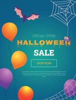 banner de vector con globos, una araña y un murciélago para una venta de halloween