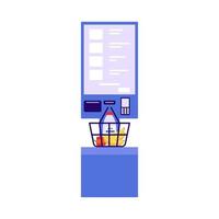 Self checkout shop. Paying for products at electronic device. Self-service on terminal with scanner. Cash machine with monitor. Vector flat illustration