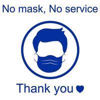 An attention sign said No mask, No service on the top and Thank you at the bottom. There is a man wearing a face mask at the center. For public places such as hospitals, schools, restaurants and etc vector