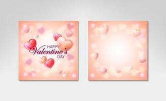 Valentines Day square two side greeting card. Romantic designs with realistic hearts on pink background. Place for text vector