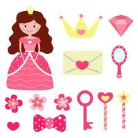 Set of cute cartoon princess in beautiful pink dress and her accessories. Magic wand, key, love letter, diamond, crown, mirror and other things. Illustration for greeting cards, clothes, poster vector