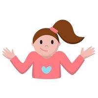 Funny cartoon lady with ponytail shows I dont know emoji. Girl with raising shoulders and hands. Print for stickers, emojis, emoticon, web illustration vector