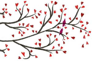 Flat Art. Tree twigs with love hearts. Couple birds love. Illustration valentine's day. Abstract background. On isolated white background. photo