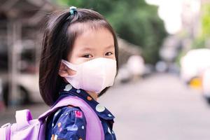 Little girl with purple backpack, wearing 3D medical face mask prevent coronavirus Covid 19 outbreak. Child back to school concept. photo
