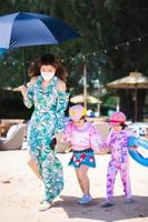 Vertical image. Beautiful portrait of family travel the beach. Mother and daughter walking on sand. Child holding rubber ring. Mom spread an umbrella to protect from the hot sun. Summer time. photo
