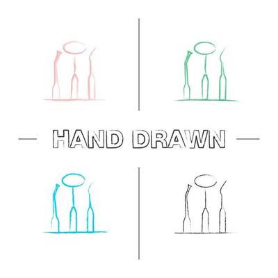 Dental instruments hand drawn icons set. Mouth mirror, dental probe and dentist's excavator. Color brush stroke. Isolated vector sketchy illustrations