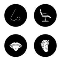 conjunto de iconos de glifo de estudio de tatuaje. servicio de perforación. nariz y lengua perforada, sillón tatuador, piercing industrial. ilustraciones de siluetas blancas vectoriales en círculos negros vector