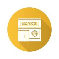 Tattoo studio facade flat design long shadow glyph icon. Tattoo parlour exterior. Vector silhouette illustration