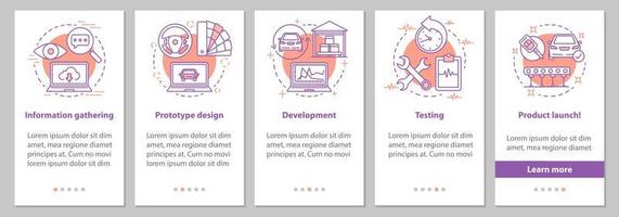 Pantalla de la página de la aplicación móvil de incorporación de la industria automotriz con conceptos lineales. instrucciones gráficas de fabricación y lanzamiento de automóviles nuevos. ux, ui, plantilla de vector de interfaz gráfica de usuario con ilustraciones