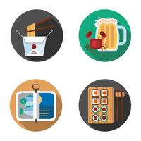 Conjunto de iconos de colores de larga sombra de diseño plano de alimentos. fideos, jarra de cerveza con cangrejo, espadines, sushi. ilustraciones de silueta de vector