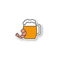Beer mug with shrimp patch. Ale. Color sticker. Vector isolated illustration