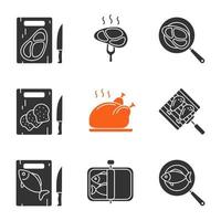 Food preparation glyph icons set. Cutting boards with bread, meat and fish, frying salmon and meat steaks, sprats, grilling chicken drumsticks. Silhouette symbols. Vector isolated illustration