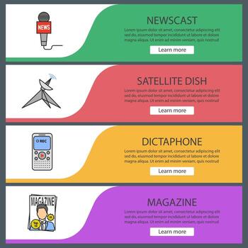 Mass media web banner templates set. Newscast, satellite dish, dictaphone, magazine. Website color menu items. Vector headers design concepts