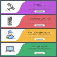 Mass media web banner templates set. Satellite signal, TV remote control, war correspondent, online news. Website color menu items. Vector headers design concepts