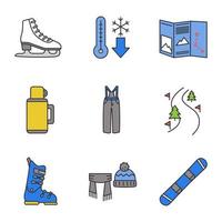 Winter activities color icons set. Scarf and hat, cold weather, map, thermos, ski pants and boot, forest road, skate, snowboard. Isolated vector illustrations