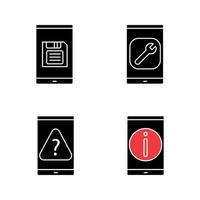 Smartphone glyph icons set. Save button, settings, mobile phone FAQ, error. Silhouette symbols. Vector isolated illustration