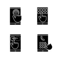 Smartphone touchscreen glyph icons set. Silhouette symbols. Double tap touch and drag gesture, phone number dialing, keypad. Vector isolated illustration