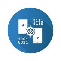 Smartphone settings flat design long shadow glyph icon. App development. Phones with cogwheel and binary code. Vector silhouette illustration