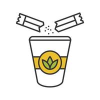 Adding sugar to tea color icon. Disposable tea cup with sugar sachets. Isolated vector illustration