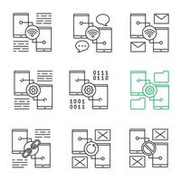 Smartphone linear icons set. Wifi, chatting, e-mail, settings, file manager, link sharing, no signal, synchronization error. Thin line contour symbols. Isolated vector outline illustrations