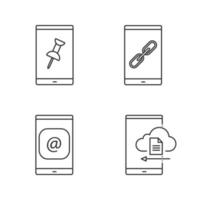 Smartphone linear icons set. File attach, link, e-mail, cloud storage. Thin line contour symbols. Isolated vector outline illustrations