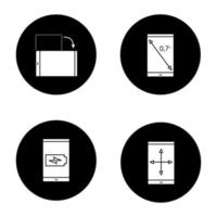 Smartphone glyph icons set. Display inch size, screen rotation and resize, battery charging. Vector white silhouettes illustrations in black circles