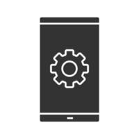 Smartphone settings glyph icon. Phone display with cogwheel. Silhouette symbol. Negative space. Vector isolated illustration