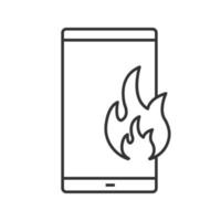 Fire emergency calling linear icon. Thin line illustration. Broken phone. Deadline. Smartphone with flame. Contour symbol. Vector isolated outline drawing