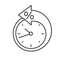 Back arrow around clock with percent linear icon. Counterclockwise. Thin line illustration. Debt reschedule. Payment terms. Contour symbol. Vector isolated outline drawing