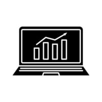 Statistics glyph icon. Laptop display with market growth chart. Analysis. Statistics diagram. Silhouette symbol. Negative space. Vector isolated illustration