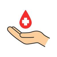 Blood donation color icon. Hand holding liquid drop with medical cross. Isolated vector illustration