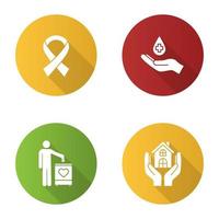 Charity flat design long shadow glyph icons set. Fundraising, anti HIV ribbon, blood donation, shelter for homeless. Vector silhouette illustration