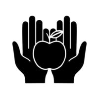 Eco products glyph icon. Silhouette symbol. Food donation. Healthy nutrition. Organic food. Open palms with apple. Negative space. Vector isolated illustration