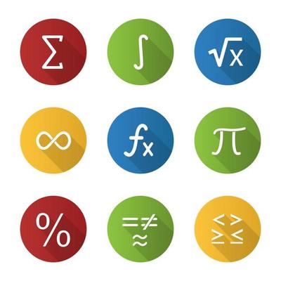 Mathematics flat design long shadow glyph icons set. Math symbols. Algebra. Vector silhouette illustration