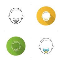 Baby face with pacifier icon. Child with soother in mouth. Flat design, linear and color styles. Isolated vector illustrations