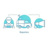 Reporters concept icon. War journalism idea thin line illustration. News van, war correspondent, megaphone. Vector isolated outline drawing